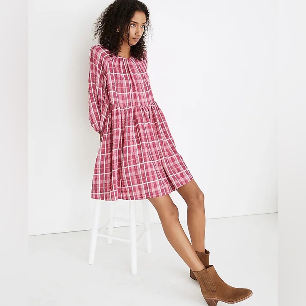 Madewell Pink Plaid Shirred Babydoll Mini Dress